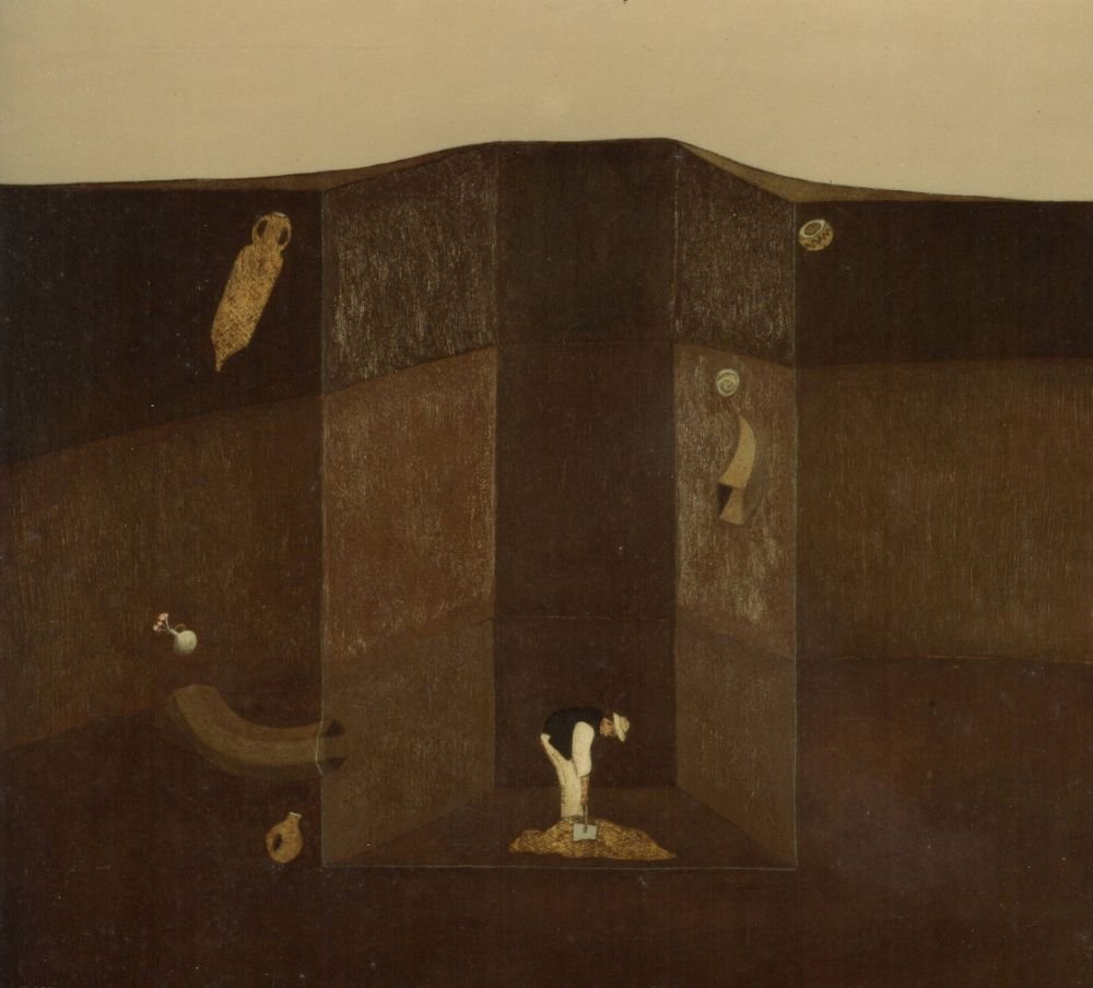 The Unlucky Archaeologist Oil On Board 1980s Andrew Lanyon